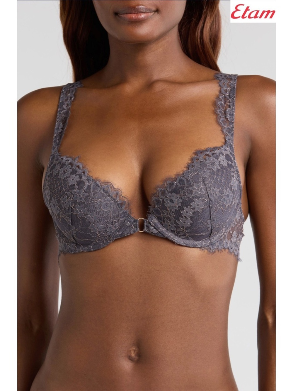 ETAM NWT POETIQUE METALLIC GREY UNDERWIRE PLUNGE PUSH-UP BRA. SIZE 34B
